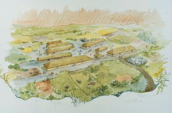 Denne akvarellen av Elise Lauvanger fra 1984 viser jernalderbygda på Forsandmoen i Rogaland. Les mer om de første landsbyene. Foto: Terje Tveit/Arkeologisk museum, Universitetet i Stavanger/CC BY-NC-ND 3.0