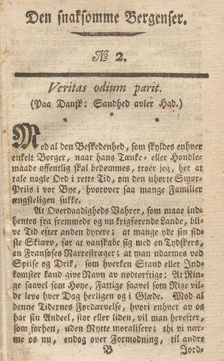 «Sandhed avler Had»: Tidsskriftet Den snaksomme Bergenser kritiserte lokale embedsmenn.&amp;#160;Les mer om Den snaksomme&amp;#160;Bergenser og&amp;#160;den litterære offentligheten på 1700-tallet.&amp;#160;Foto: Spesialsamlingene/Universitetsbiblioteket i Bergen
