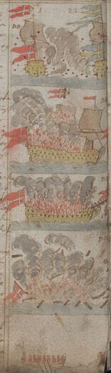 Dette er tegninger av et sjøslag i matros Niels Trosners dagbok fra 1710. Krigsskipene kunne like gjerne være private fartøy som med&amp;#160;såkalte kaperbrev søkte å tjene penger på å kapre fiendtlige handelsskip.&amp;#160;Les mer om kaperfarten under den store nordiske krig. Foto: Riksarkivet&amp;#160;