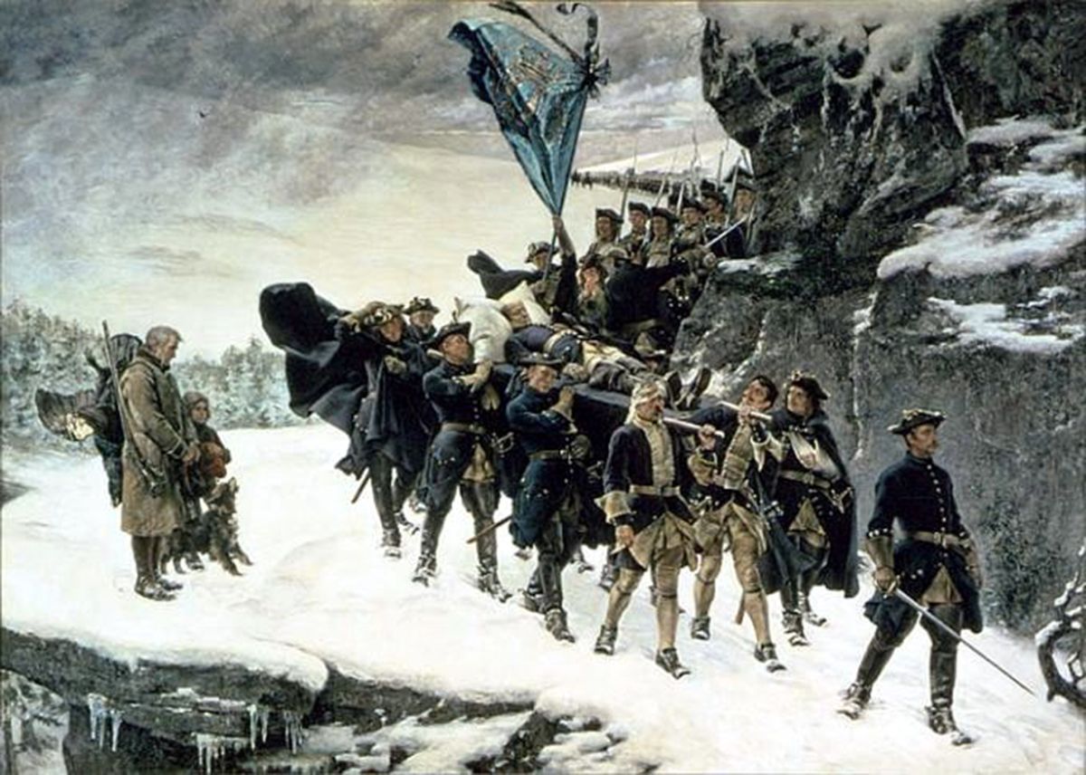 Maleri som viser liket av Karl 12., båret av svenske soldater over snøkledd vei
