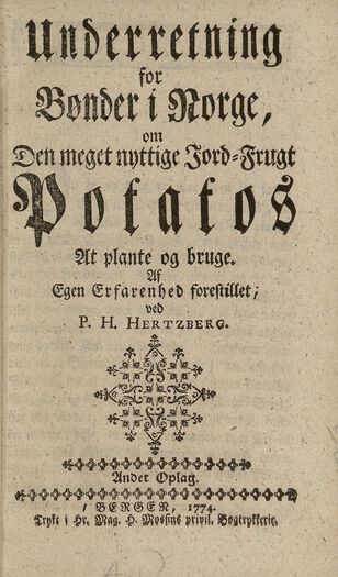 Presten P. H.&amp;#160;Hertzbergs skrift om poteten var den mest kjente veiledning for hvordan poteten skulle dyrkes og brukes.&amp;#160;Les&amp;#160;om&amp;#160;hva poteten&amp;#160;gjorde for befolkningen i Norge på 1800-tallet.&amp;#160;Foto: Nasjonalbiblioteket