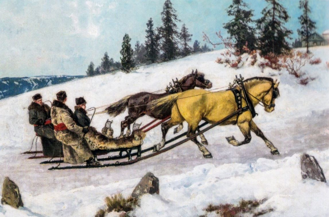 maleri av to stykk hest og slede i fart over snø- og iskledd vei. Personene er kledd i tykk pels.