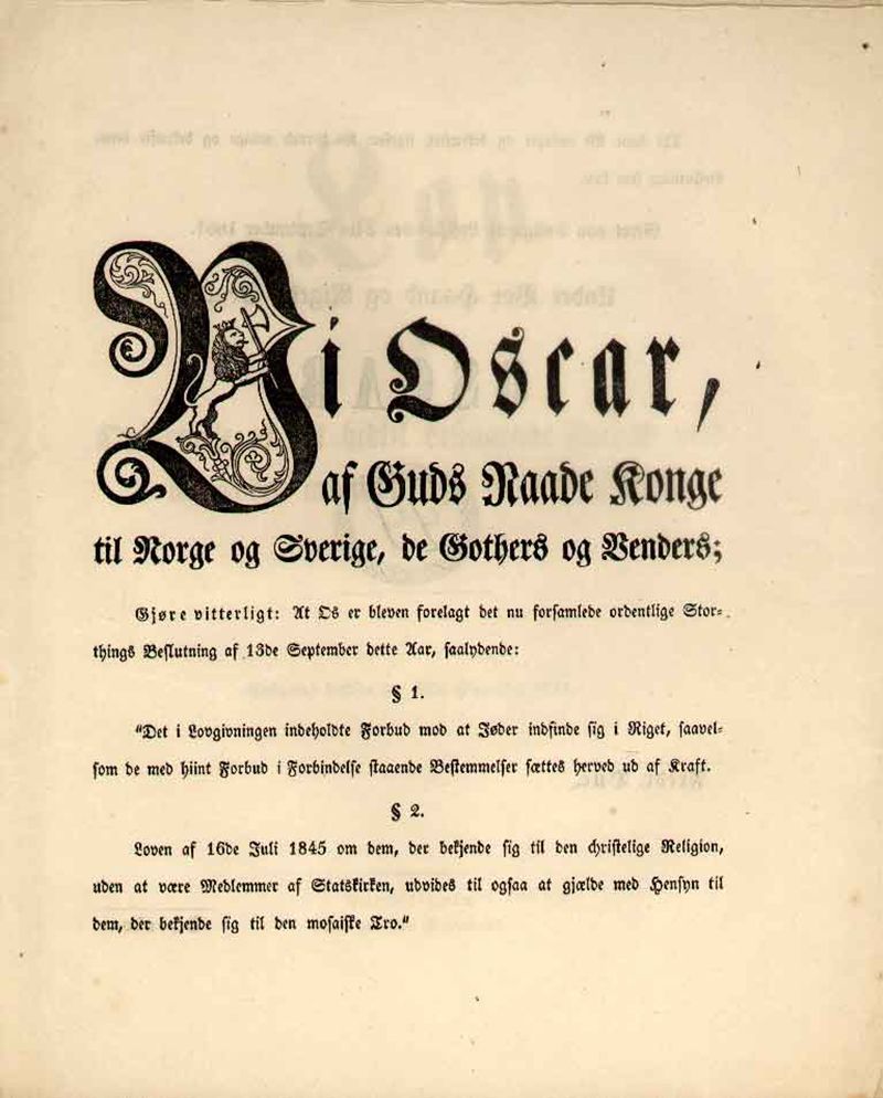 Pampflett fra kong Oscar som oppløser jødepassusen i grunnloven