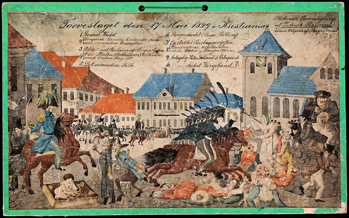 Kolorert tegning som illustrerer Torvslaget i 1829. Kongens kavaleri rir inn i folkemengden