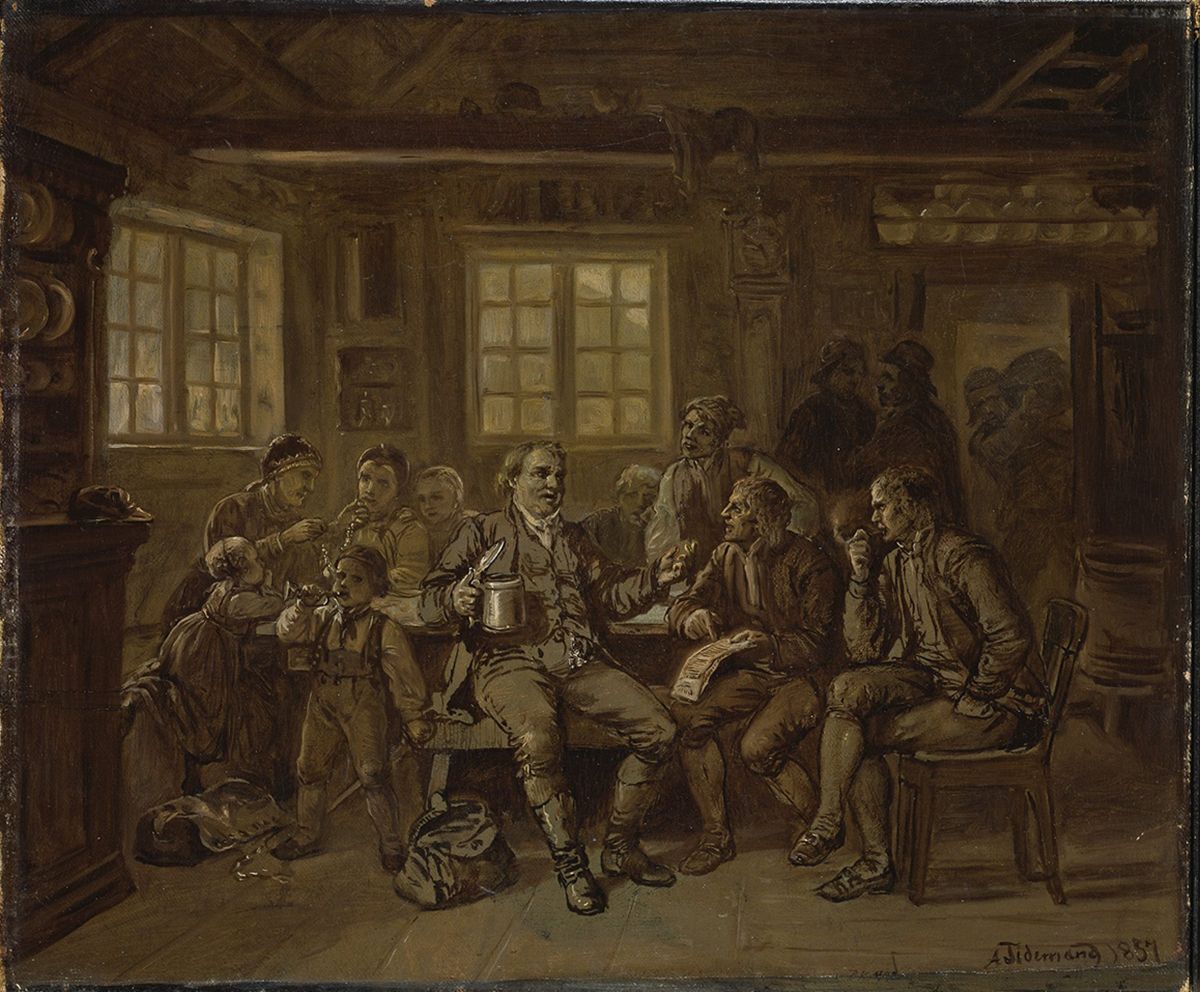 Maleri som viser en mann, staselig kledd, med ølkrus i hånda, pratende til interesserte menn og kvinner, sittende rundt bord