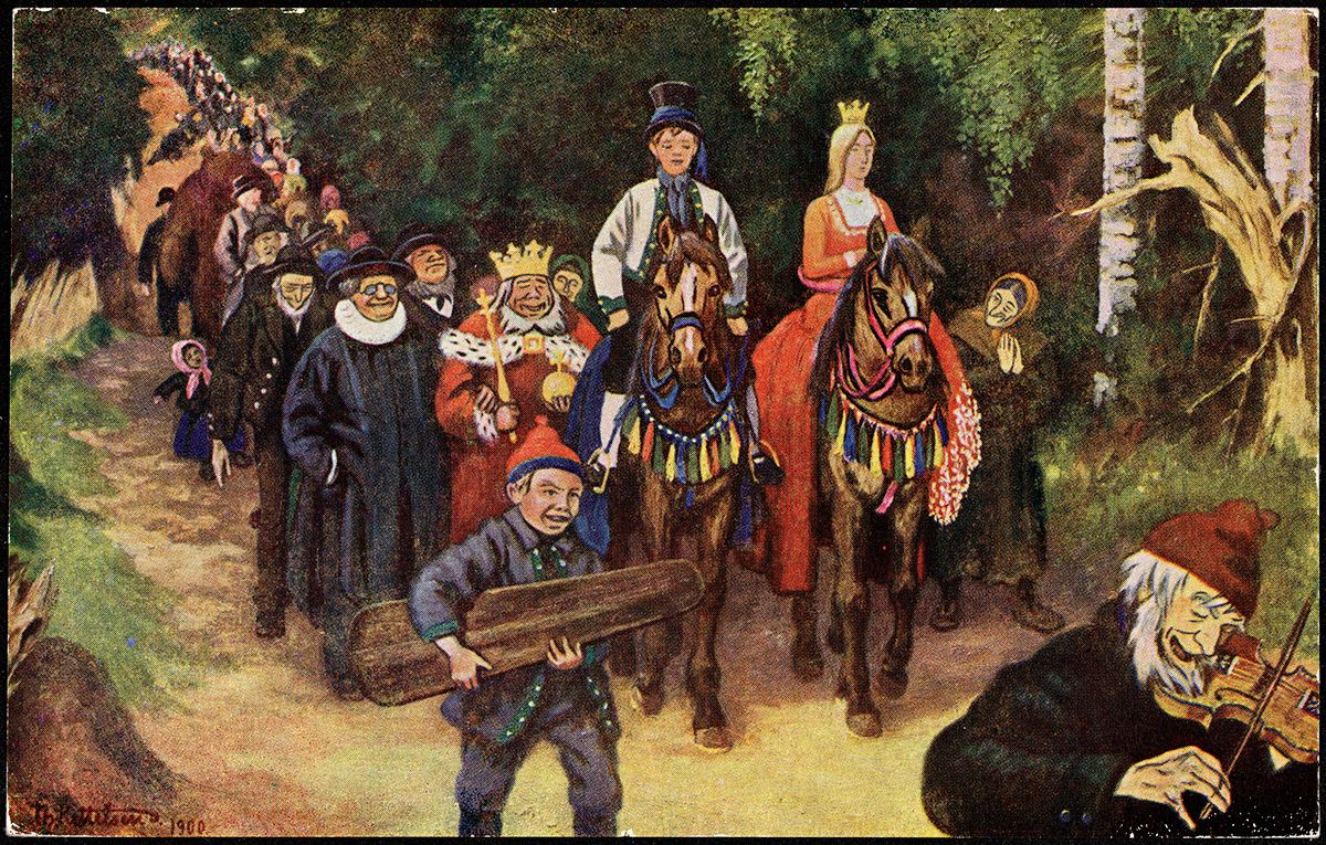 Maleri av folketog: Askeladden og prinsessen rir i forgrunn, kongen, prest og andre marsjerer bak, felemusikere foran hestene