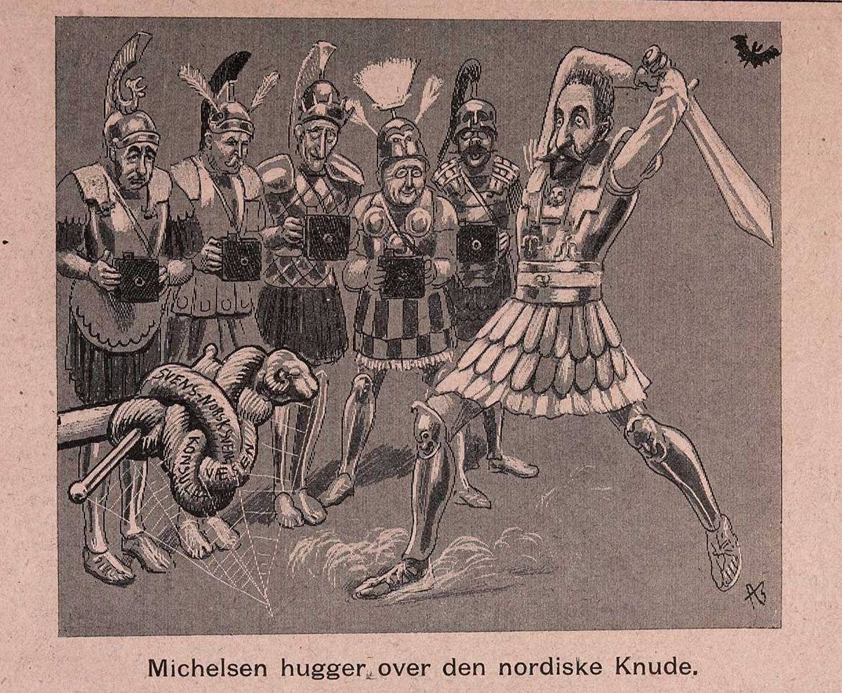 Karikaturtegning: statsminister Michelsen i antikk rustning hugger over knuten, med tekst "Svens-norsk konsulatvæsen", mens andre i rustninger fotograferer begivenheten