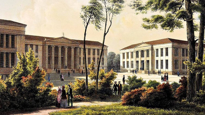 Litografi av universitetsbygningene langs Karl Johan