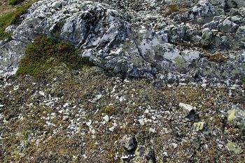 Kvartsittbryting i Kjølskarvet i&amp;#160;Lærdal i&amp;#160;Sogn og Fjordane. Hammerstein og avfall ligger foran knausen. Les mer om bryting av stein i steinalderen . Foto: Astrid J. Nyland/UiO/ CC BY-NC-ND 3.0