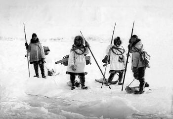 Gjennom størstedelen av menneskets historie har jakt, ikke jordbruk vært en sikker levevei for mennesker verden over. Mennesker som jakter med spyd kan ofte sees i helleristninger fra oldtiden, men også i moderne fotografier, her av inuiter i Nord-Amerika. Allikevel kom jordbruket til Norge allerede for 6000 år siden. Les mer om hvordan fangstfolket møtte de første bøndene . Foto: NTB scanpix