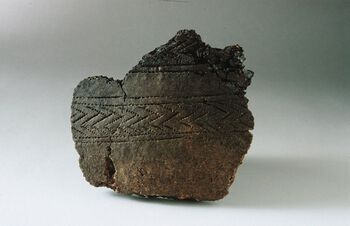På Slettebø i Rogaland har det blitt funnet slike leirkarskår fra klokkebegerkulturen. Denne kulturen var preget av krigere, eliter og det første metallet. Kjemiske analyser tyder på at dette karet var laget i Tyskland, og dette samt en større samfunnsendring gir grunnlag for å tro at mennesker fra andre kulturer innvandret til Norge . Foto: Terje Tveit/Arkeologisk museum, Universitetet i Stavanger/ CC BY-NC-ND 3.0
