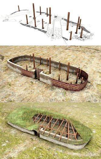 Dette er en rekonstruksjon av et toskipet langhus. Det toskipede langhuset er den eldste typen langhus vi kjenner til og var vanlig fram til ca. 1500 f.Kr. Les mer om langhusene i bronsealderen . Foto: Ragnar L. Børsheim/Arkikon
