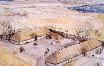 I jernalderen dukket det opp enkelte langhus som var vesentlig større enn andre, noe som kan vitne om et samfunn med større forskjeller mellom folk. Rester etter to slike langhus på samme gård er å finne på Hovde på Ørlandet i Sør-Trøndelag. Dette er Karen Støren Binns’ rekonstruksjonstegning av gårdsanlegget. Les mer om hvordan samfunnet endret seg i jernalderen . Rettighetsbelagt: NTNU Vitenskapsmuseet