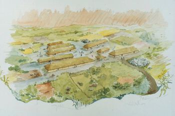 Denne akvarellen av Elise Lauvanger fra 1984 viser jernalderbygda på Forsandmoen i Rogaland. Les mer om de første landsbyene . Foto: Terje Tveit/Arkeologisk museum, Universitetet i Stavanger/ CC BY-NC-ND 3.0