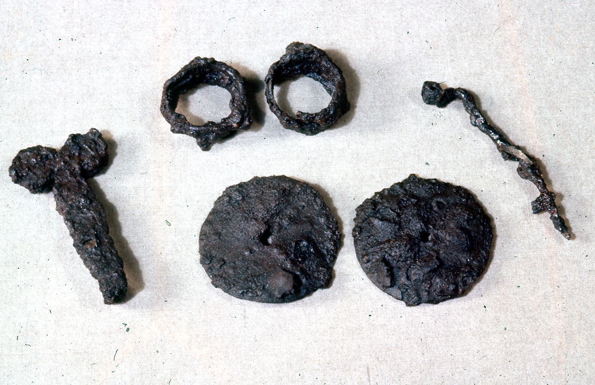 Gjenstander: beltehake, nål, to ringer og to plater av jern, på hvit bakgrunn