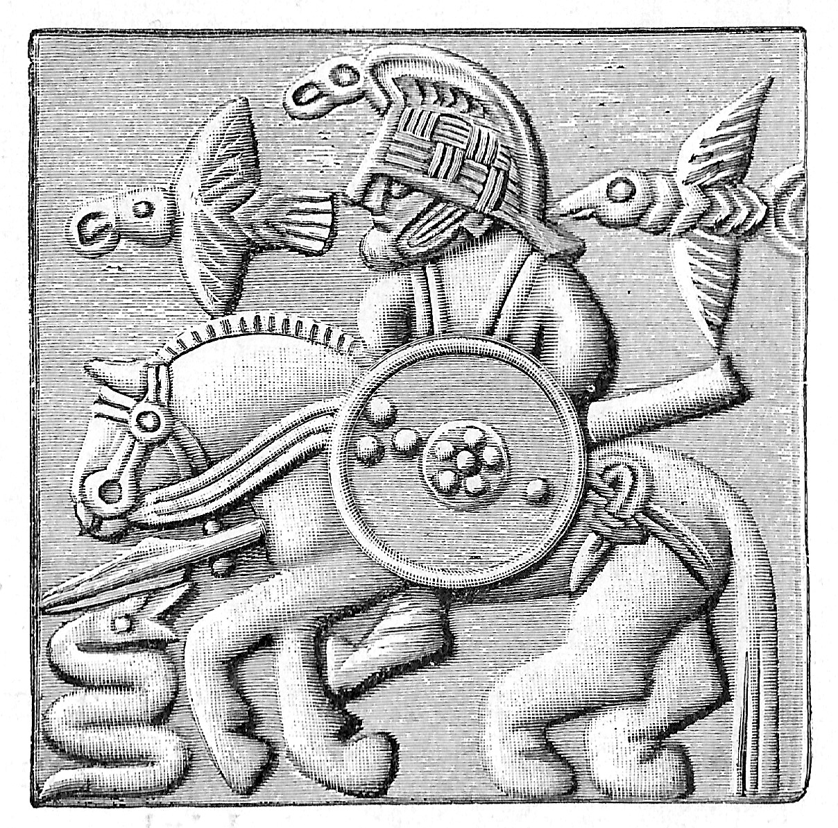 Relieff av en mann på hest med to fugler. Tegning av bilde på en hjelm