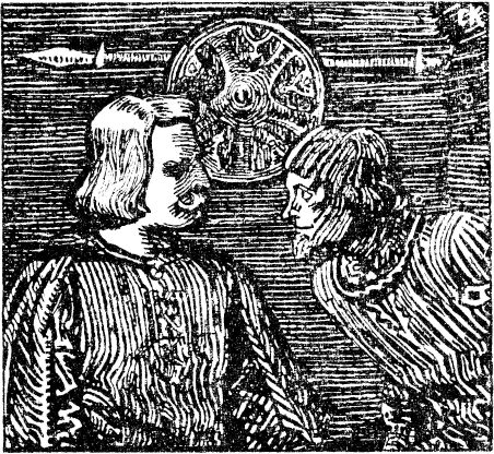 To menn sitter og snakker sammen langs en langbenk. Tegning