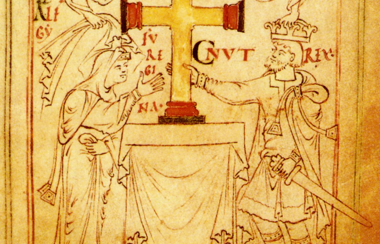 Kvinne og mann overrekker et kors til kirken. Det er dronning Ælfgifu og kong Knut den mektige.