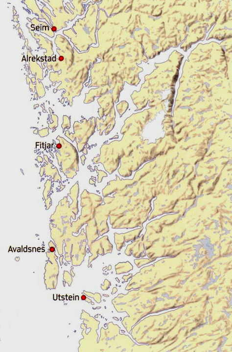 Kart av område i dagens Rogaland med avmerking av kongsgårdene til Harald Hårfagre. De lå med rundt en dags seilas mellom hverandre.