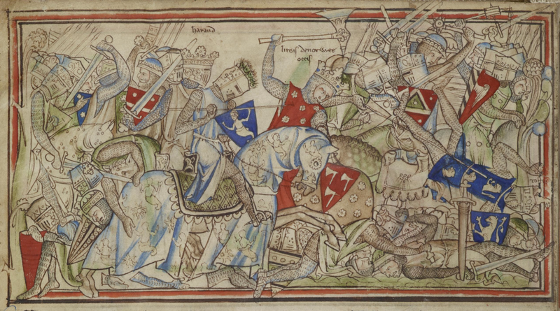 Slagbilde fra middelalderen: Hester og soldater i kampens hete