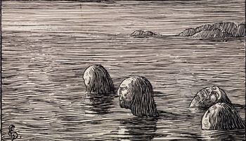 Én av Halvdan Egedius' illustrasjoner til Snorre Sturlassons kongesagaer . I Olav Tryggvason saga fortelles det om en hendelse der kong Olav lot seidmannen Øyvind Kelda og hans mannskap, ".. seidmenn og trollpakk alt i hop", bindes fast til et skjær som sto under vann ved flo. "Slik mistet Øyvind og alle disse folkene livet. Siden heter skjæret Skratteskjær", skriver Snorre. Skratteskjær betyr trolleskjær og en skratte var omtrent det sammen som en seidmann. Les mer om seid i vikingtiden . Foto: Nasjonalmuseet/ CC BY-NC