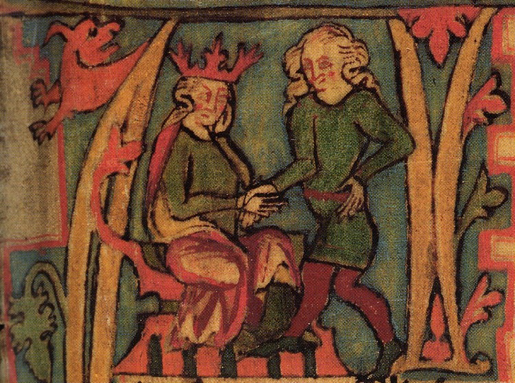 Konge og mann som tar hverandre i hånden. Fra et middelaldermanuskript