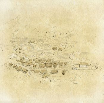 Jordknapphet førte til at gårder ble oppstykket. Dette er en illustrasjon av gården Kvåle i Sogndal, som i et arveskifte fra 1314 oppgis å ha mellom 20 og 30 hus, og til og med en egen kirke. Les mer om slike&amp;#160; klyngetun og&amp;#160;gårdslivet i middelalderen . Tegning: Dag Frognes