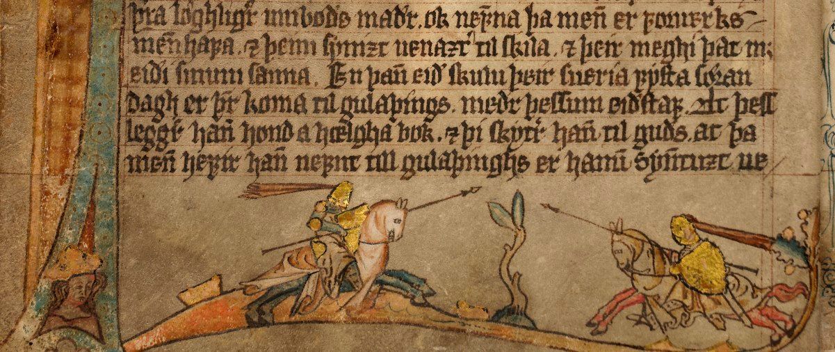 Utsitt av et håndskrift: illustrasjon av to riddere som rir med lanser mot hverandre, duell. Ridderne er fremhevet digitalt