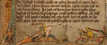 Illustrasjonen&amp;#160;finnes i håndskriftet Codex Hardenbergianus, som er fra begynnelsen av 1300-tallet, og som blant annet inneholder&amp;#160;Magnus Lagabøtes landslov. Les mer om europeiske&amp;#160;idealer i den norske middelalderen .&amp;#160;Foto: Det Kongelige Bibliotek i København