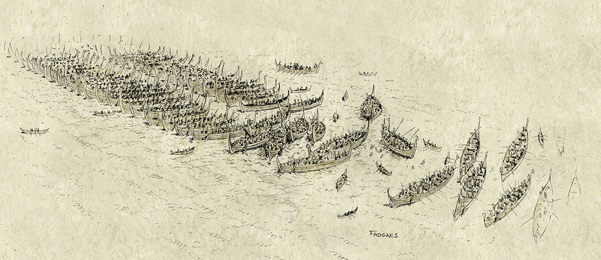 Tegnet illustrasjon av et sjøslag. Båtene ligger på to lange rekker og møtes baug til baug. 