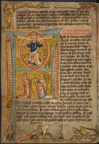 I håndskriftet Codex Hardenbergianus, som blant annet inneholder Magnus Lagabøtes landslov, deler Kristus ut sine sverd til konge og biskop.&amp;#160;Les mer om hvordan kirken og kirkens makt etablerte seg&amp;#160;i Norge .&amp;#160;Foto: Det Kongelige Bibliotek i København