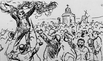 Illustrasjon fra vittighetsbladet Vikingen fra 1882. Vikingen har her tegnet Bjørnson som politisk agitator da han holdt talen Selvstændighetens Æresfølelse ved Olavsstøtta på Stiklestad. Bjørnson talte for et Norge som ikke var i union med Sverige og referansene til Olav den Hellige og slaget på Stiklestad var mange. Foto: Aulestad, Bjørnsstjerne Bjørnsons barndomshjem