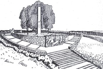 Plantegning av Wilhelm Rasmussens (1879–1965) NS-monument på Stiklestad som ble anlagt i 1944. De dominerende elementene i anlegget var den høye steinstøtten, kalt Olavsbautaen, og relieffet forran støtten som illustrerer scenen der Olav den hellige fikk sitt banesår i slaget på Stiklestad. Anlegget ble revet i 1945 og bautaen ligger i dag nedgravd i en grøft i nærheten av høyden. Digitalisering: Digitalt Fortalt/Stiklestad Nasjonale Kultursenter