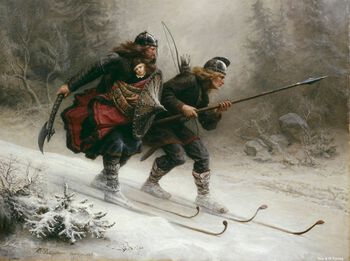 Maleren Knud Bergslien (1827–1908) er særlig kjent for sine fremstillinger av historiske hendelser på lerretet. Ett av de mest velkjente historiemaleriene hans er fra 1869 og har tittelen: Birkebeinerne på ski over Filefjeld fører Håkon Håkonsøn som barn til Trondhjem. Mer om birkebeinerne og deres ferd over fjellet finner du her . Foto: O. Væring