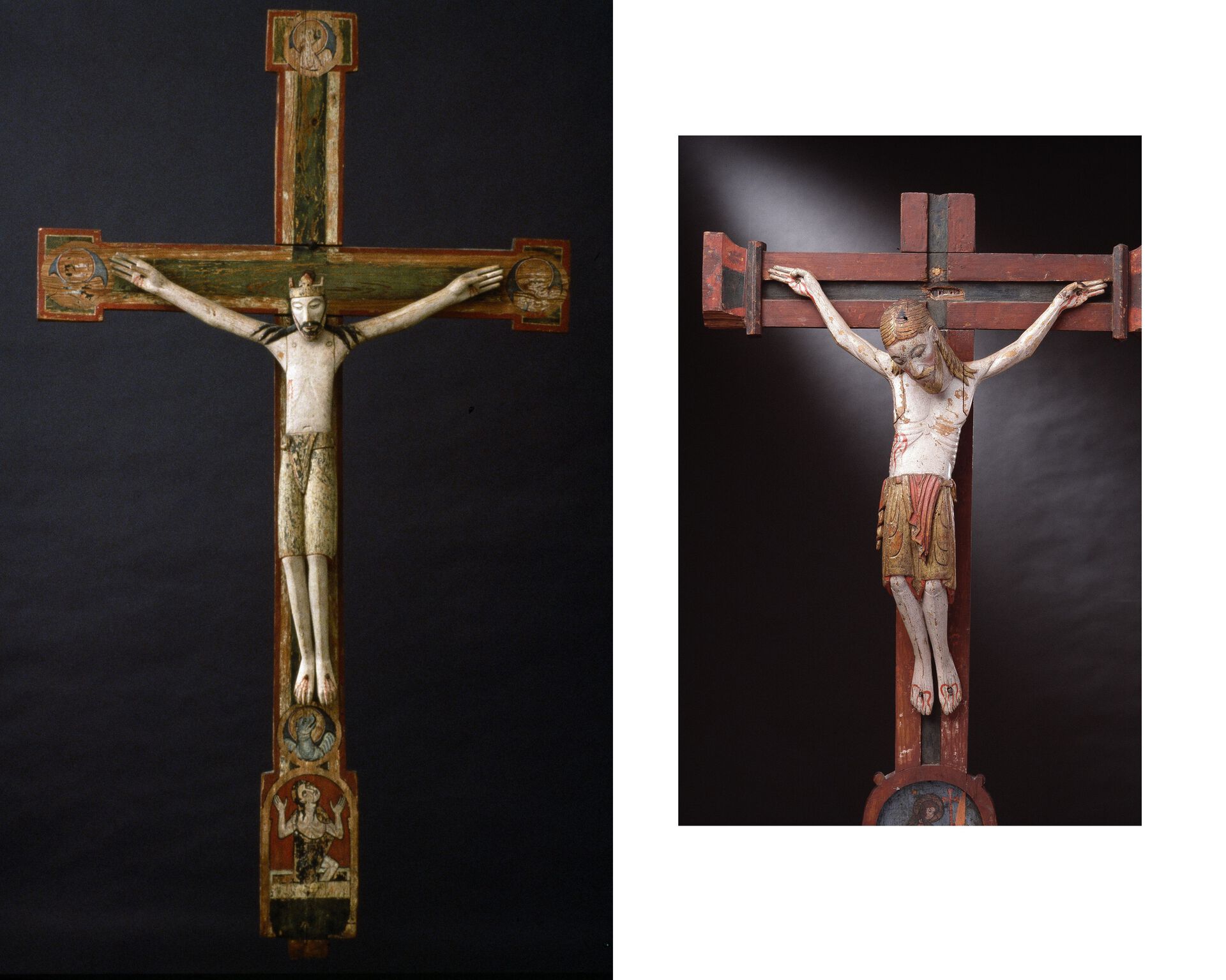 To krusifiks som viser først en seirende kristus og så en lidende kristus