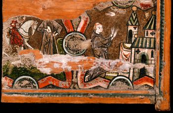 Alterfrontale fra Tingelstad, fragment med scener fra den hellige Egedius’ liv. Les mer om helgener&amp;#160;i kirkerommet . Foto: KHM, Jacques Lathion / Kulturhistorisk museum, UiO CC BY-SA 4.0