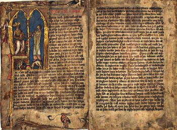 De to første sidene i Magnus Lagabøtes landslov slik den er opptegnet i håndskriftsamlingen Hardenbergs Codex. Til venstre ser vi kong Magnus som overrekker Landsloven. Hardenbergs Codex ble nedtegnet på 1300-tallet i Bergen. Foto: Det kongelige bibliotek, København
