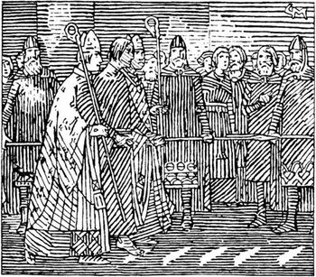 En av Gerhard Munthes illustrasjoner til Magnussønnenes saga fra 1899: Harald Gille går over gloande jarn. I sagaen fortelles det at Harald gikk jernbyrd for å bevise at han var kongssønn. Tre dager etter han gikk over sju eller ni glødene plogjern var føttene uskadde og hele og Harald hadde bevis for at han snakket sant. CC pdm