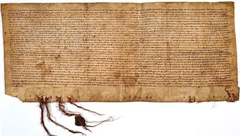 I middelalderen var kirken en mektig organisasjon som stadig havnet i maktkamper med kongene. Sættargjerden i Tønsberg av 1277 var en avtale som ble inngått mellom kong Magnus Lagabøte og erkebiskop Jon Raude som skulle få en slutt på konfliktene. Avtalen er nedtegnet på kalveskinn med fjærpenn og dokumentet er 30 x 60 cm stort. I trådene som er festet i dokumentets underkant, hang seglene til partene som inngikk avtalen. Foto: Den Arnamagnæanske Håndskriftsamling, NFI, Københavns Universitet