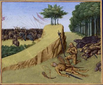 Utover i høymiddelalderen ble gråt og sorg mer synlig i kunst og litteratur. Les mer om Kong Sverre og gråtende krigere . Her ligger Karl den stores nevø, Roland, død etter Slaget ved Roncevaux i 778 mens hans bror sørger over tapet.&amp;#160;I det berømte Rolandskvadet nevnes det eksplisitt at ridderne gråter. Miniatyrmaleri av Jean Fouquet, laget omkring 1455.&amp;#160;