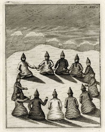 Knud Leem (1697–1774) var prest, misjonær og «professor lingvæ lapponiæ»: språklærer i samisk språk på sameseminaret i Trondheim. Som professor skrev han blant annet Beskrivelse over Finmarkens Lapper , som ble utgitt i 1767. I tillegg til inngående beskrivelser av samisk kultur, inkluderte boka 100 illustrasjoner i kobberstikk.&amp;#160;Denne illustrasjonen viser en gruppe samer som deler en pipe tobakk. Les mer om det flerkulturelle Norge i tidlig-moderne tid . Foto: Tromsø Museum – Universitetsmuseet/ CC BY-NC-ND 3.0