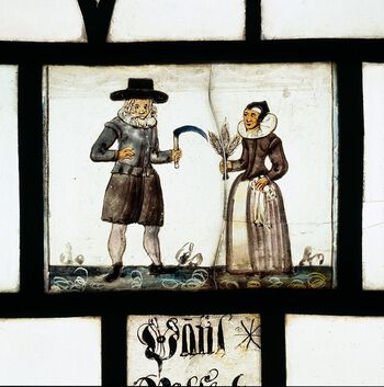 Denne glassruten er&amp;#160;fra Hindrem kirke i Leksvik prestegjeld i Nord-Trøndelag. Bøndene ser ut til å vise glede over det de har høstet. Glassruta inngår i en serie bilder, mange av dem skjenket til Hindrem kirke av bygdas bønder. Les mer om hvordan folkeveksten i tidlig-moderne tid påvirket leveforholdene i Norge . Foto: P. E. Eriksen/NTNU Vitenskapsmuseet