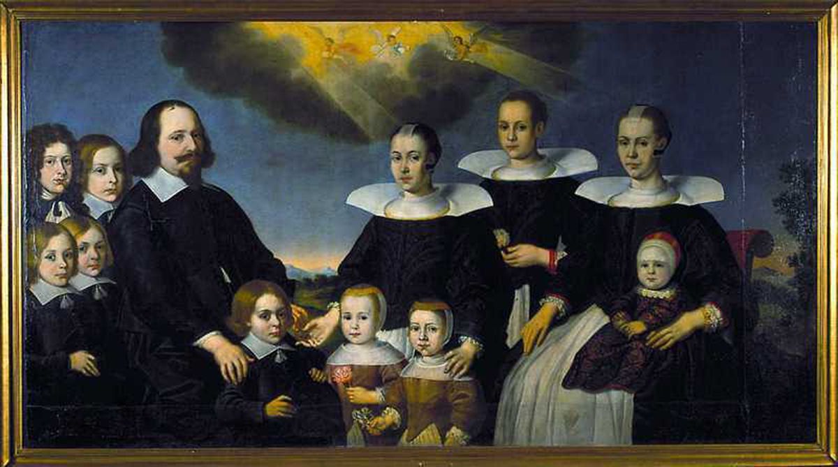 Familieportrett: En mann til høyre, to koner og en eldre datter til venstre. Barn i forgrunn
