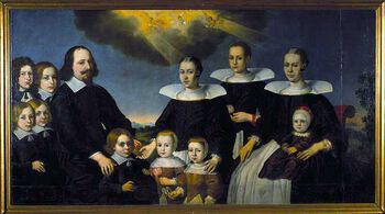 Trond Claussøn var borgermester i Oslo/Christiania fra 1620 til 1625. Her er han avbildet med familien. Kvinnen til venstre er Trond Claussøns avdøde kone, symbolisert ved hodeskallen hun holder i høyre hånd.&amp;#160;Les mer om familien i det tidlig-moderne norske samfunnet . Foto: Oslo museum/ CC BY-SA 3.0