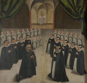 Bondelensmann Johannes Stokke med kona Brynhild Knutsdatter og barn: De ni barna i sort var de av barneflokken som levde da bildet ble malt, mens de 19 barna kledd i hvitt var alt døde. Minnetavle i Vats kirke fra ca. 1620. Les mer om familien i det tidlig-moderne Norge . Foto: Arkeologisk museum, Universitetet i Stavanger/ CC BY-NC-ND 3.0