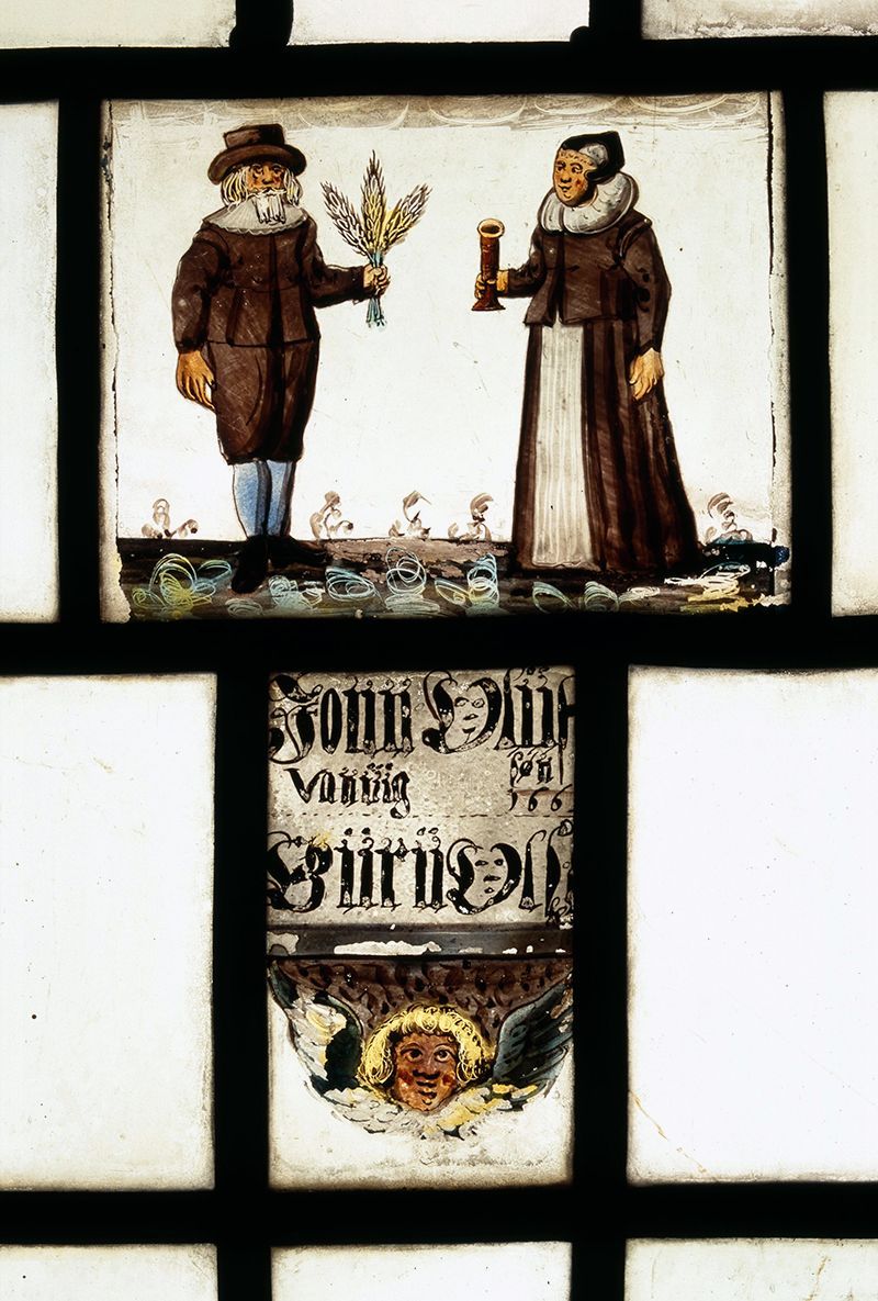 Glassrutemaleri som viser mann og kvinne, mannen holder en bunt korn, kvinnen et sylinderformet redskap