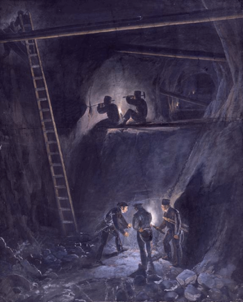 Johannes Flintoes maleri Fra Kongens gruve, Kongsberg fra 1834. Øverst ser vi to bergmenn som borer, den ene holder boret eller meiselen, mens den andre slår med feisel. Her skal det altså sprenges med krutt. Gangen bak har den karakteristiske ovale formen som forteller at den er drevet ut med fyrsetting. Nede står tre bergmenn rundt et fyrfat (skjult av den midterste) som gir ild til faklene. Alle har arschlær rundt livet – det var vanlig bergmannsantrekk som beskyttet mot fuktighet. Stokkene som stiver opp gruven, ble kalt stempeltømmer. Les mer om fremveksten av bergverksdrift i Norge .&amp;#160;Foto: Nasjonalmuseet/ CC BY-SA