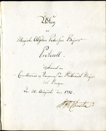 Absalon Pederssøn Beyers dagbok fra Bergen er en viktig kilde til norsk kultur­historie på 1500-tallet. Dagboken ble ført mellom 1552 og 1571, men ble først utgitt i utdrag i 1780 og deretter i 1858. I mellomtiden var innholdet kjent gjennom avskrifter. Dette tittelbladet er fra en avskrift utført av Hilbrandt Meyer, som var borgermester i Bergen fra 1763 til 1785. Som tittelbladet viser, har manuskriptet siden tilhørt Wilhelm Friman Koren Christie, som var sekretær for Riksforsamlingen på Eidsvoll i 1814 og senere stortingspresident. Les mer om de lærde humanistene i Norge .&amp;#160;Foto: Universitetsbiblioteket i Bergen