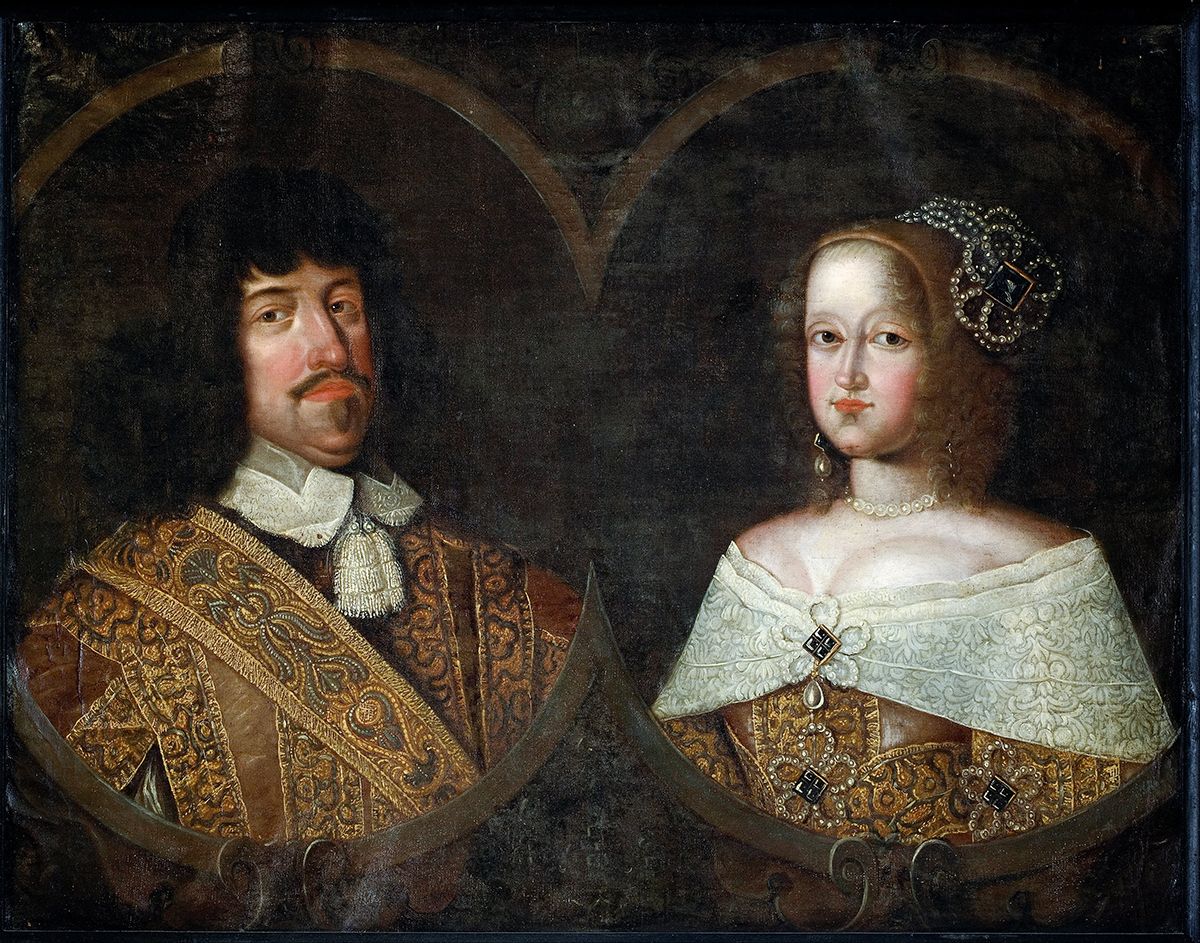 Malt portrett som viser Fredrik 3. til venstre og Sophie Amalie til høyre