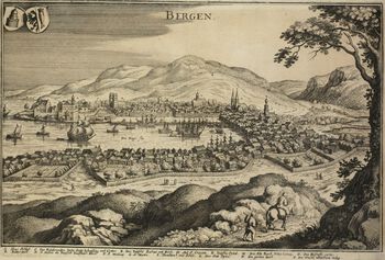 Dette kobberstikket er den eldste illustrasjonen vi har av Bergen. Det ble laget av Hieronymus Scholeus rundt 1581 og finnes i flere variasjoner. Les mer om Scholeus' kobberstikk av Bergen her . Foto: Billedsamlingen, Universitetsbiblioteket i Bergen